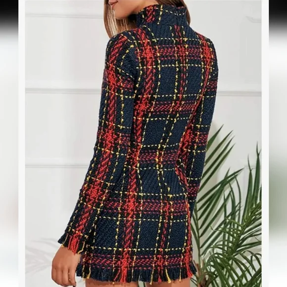 CBR Long Sleeve Plaid Dress - Red, Black, Blue And Yellow With Fringe Hem Sz S! - Picture 4 of 13
